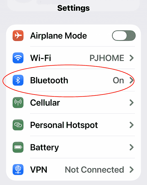 Phone control center with the Bluetooth toggle circled in red