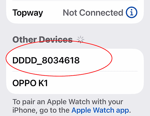 Phone list of available devices with DDDD_8034618 circled in red