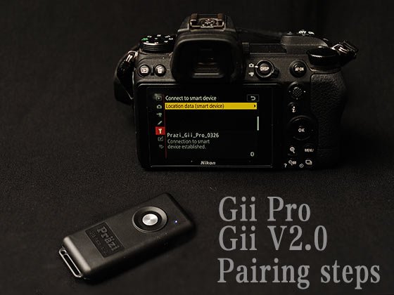Nikon camera showing the Gii Pro and Gii V2.0 Bluetooth pairing steps